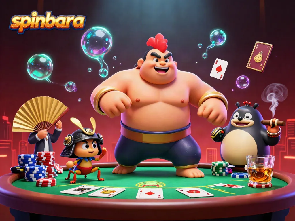 Spinbara casino scene with cartoon characters in a packed gambling atmosphere featuring poker elements.