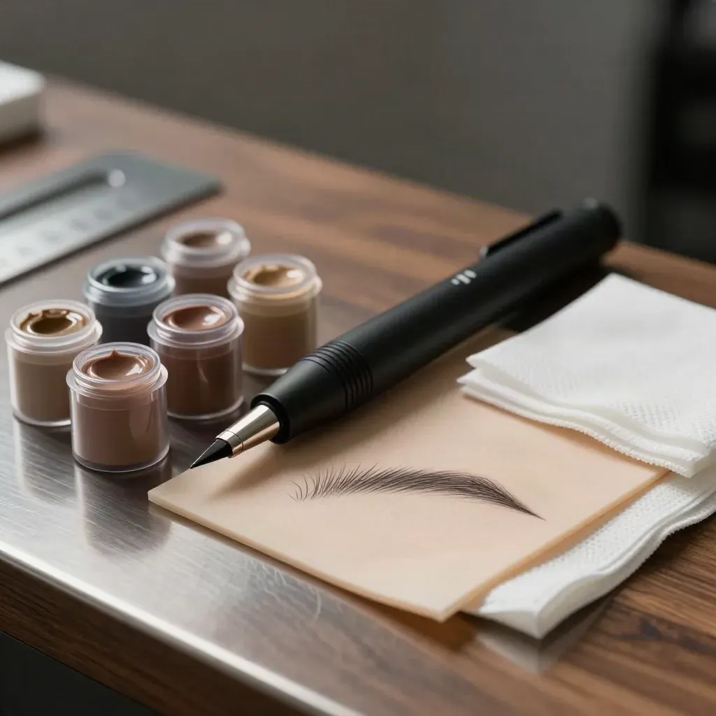 Kit de microblading sobre superficie oscura con pigmentos taupe, gasa y piel sintética.