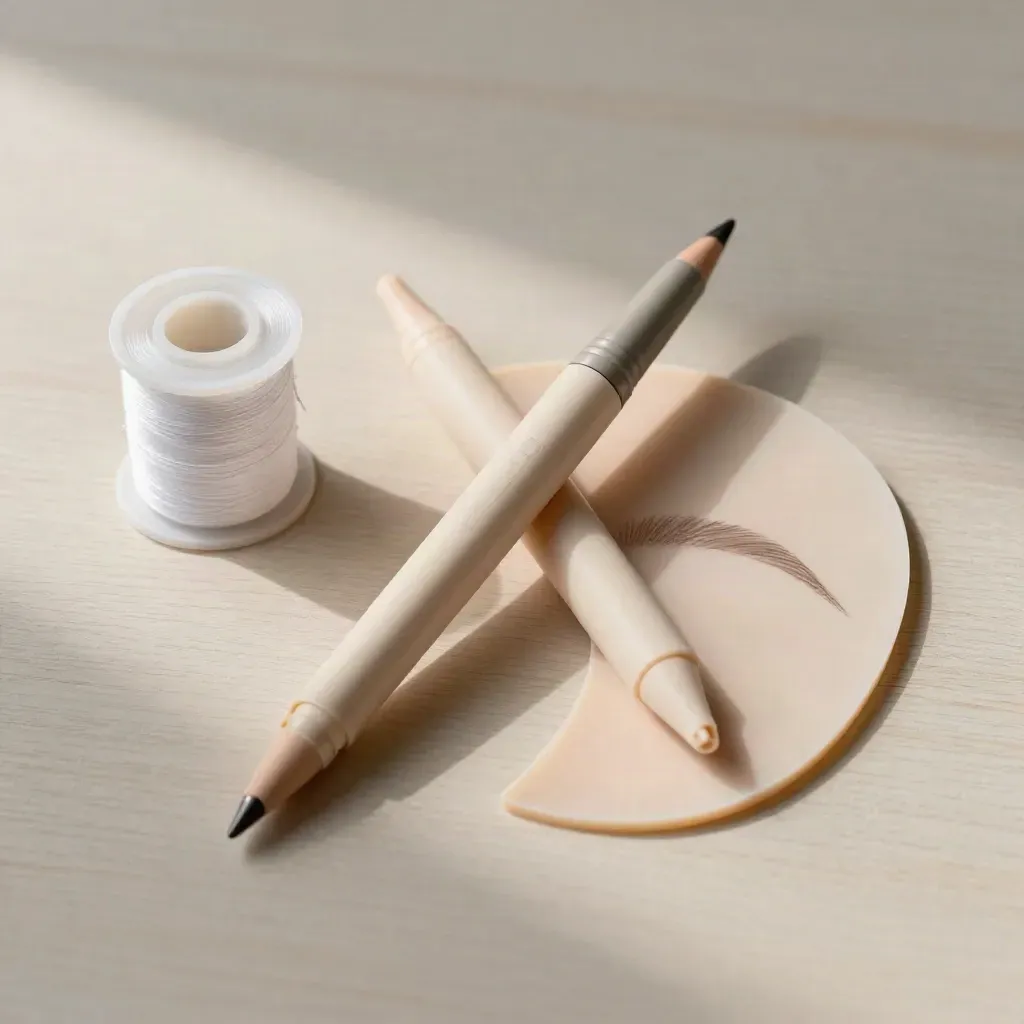 Lápiz de cejas, hilo de mapeo, plantilla y rostro de silicona sobre madera clara.